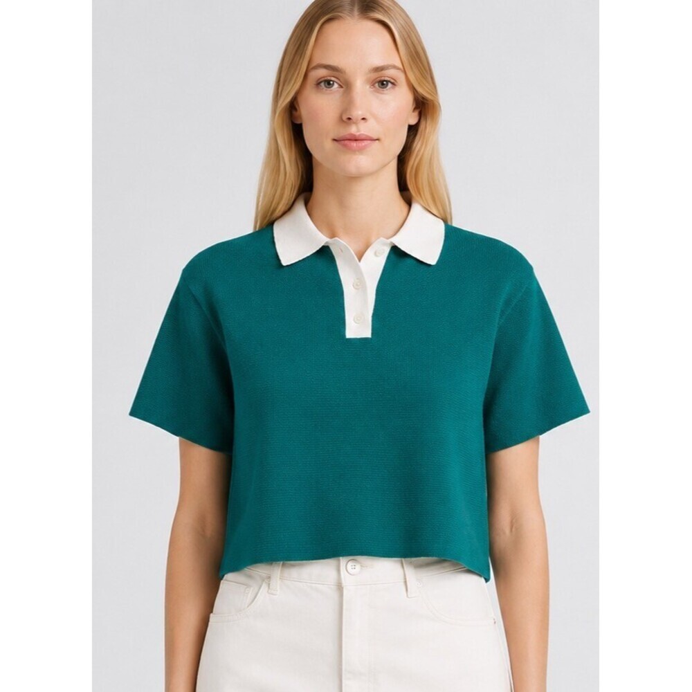 JW Anderson Logo Embroidered Stretch Cotton Crop Polo women size S emerald green